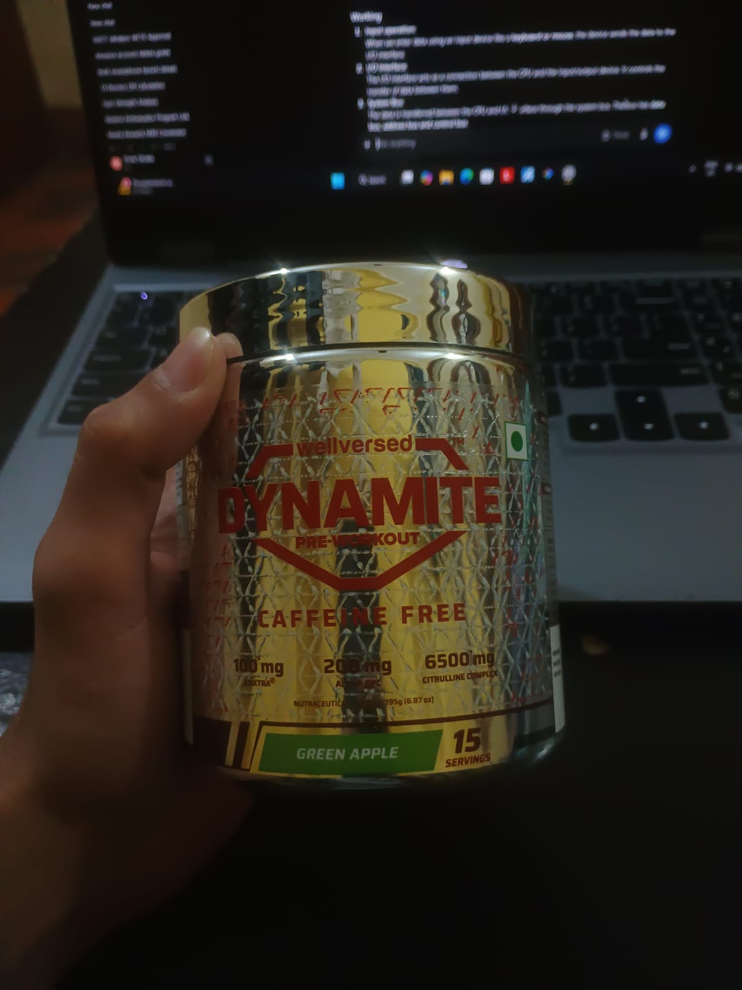 Customer photo review of Dynamite Pre-Workout Caffeine Free (195g, 15 Servs) | Green Apple