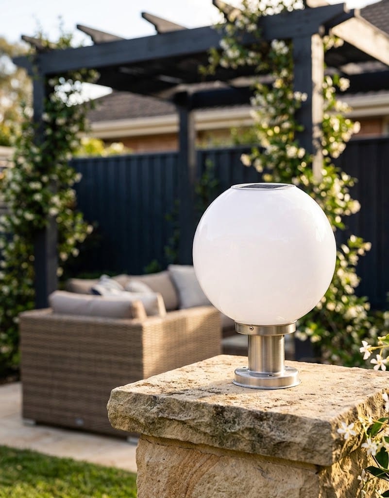 Customer photo review of 30cm Solar Globe Pillar Light –  Dusk to Dawn Outdoor Large Pillar Lamp