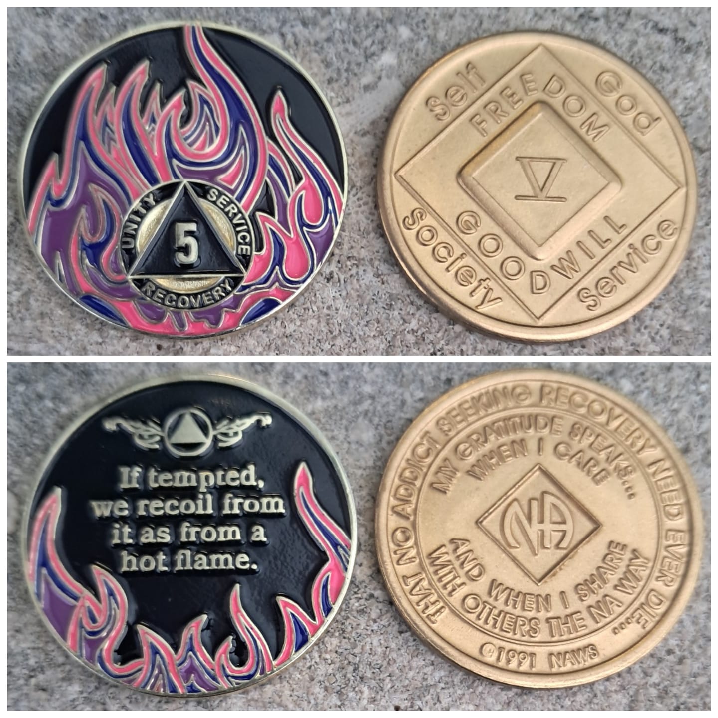 Customer photo review of 5 Year Sobriety Mint Twisted Flames Gold Plated AA Recovery Medallion - Five Year Chip/Coin - Black/Pink/Purple/Blue