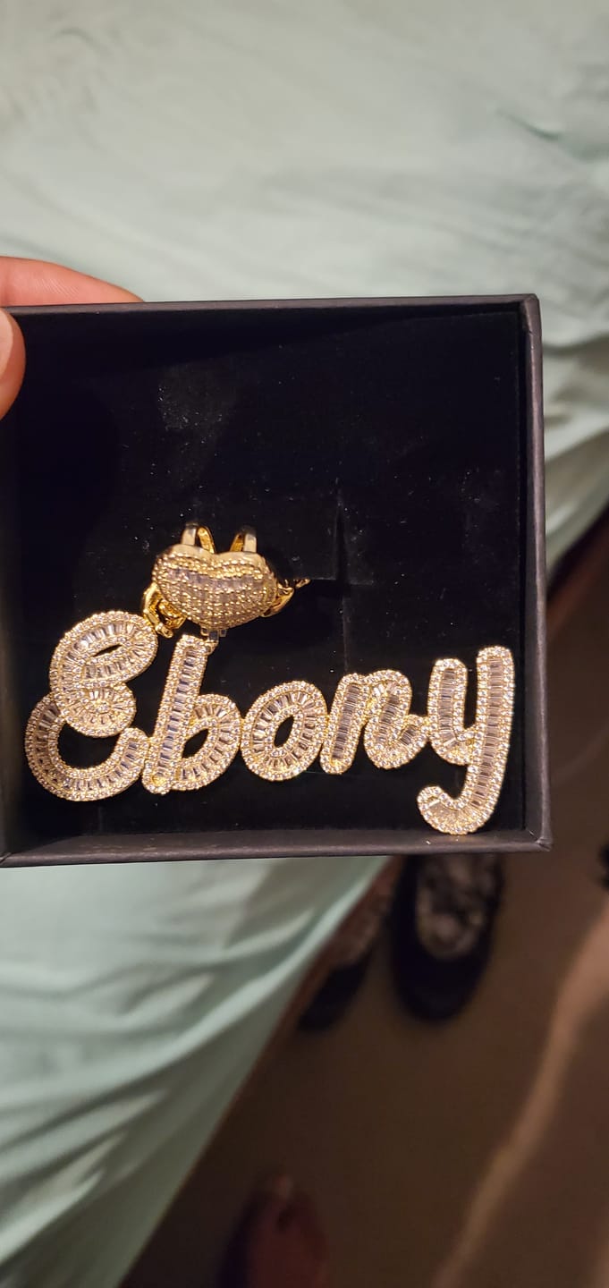 Customer photo review of LUXIIVA® CURSIVE FONT ICED OUT-BAGUETTE CUSTOM NAME PENDANT