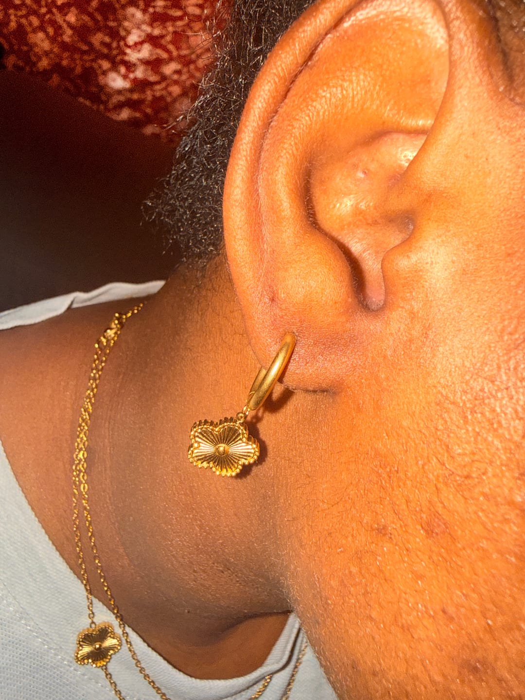 Customer photo review of Golden Clover Hoop Earrings