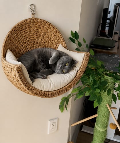 Customer's gray cat curled up in a round, woven CozyWhiskers Elevated Cat Haven mounted on a wall.