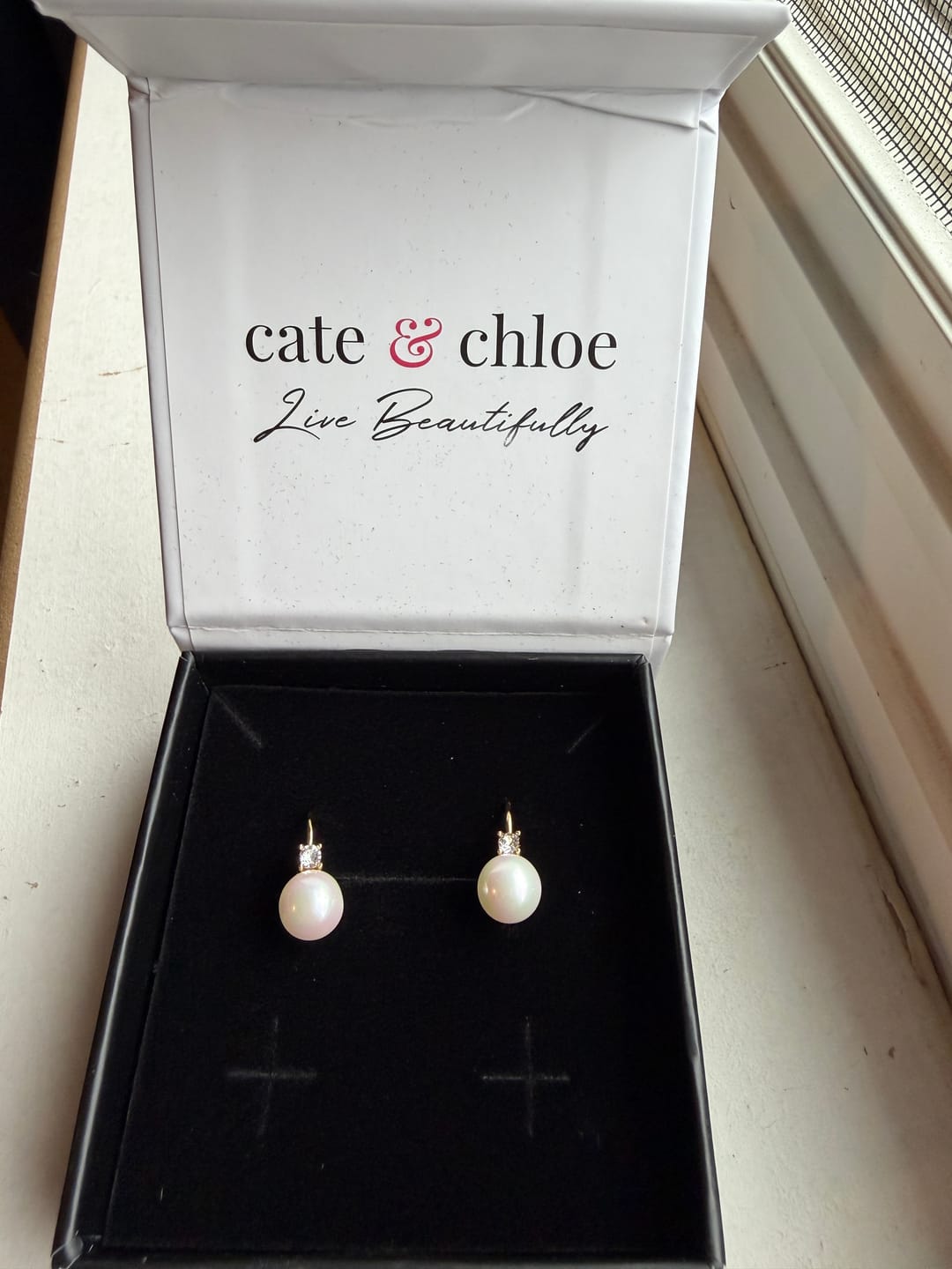 Customer photo review of Cassie 18k White Gold Plated Pearl Drop Earrings with Swarovski Crystals