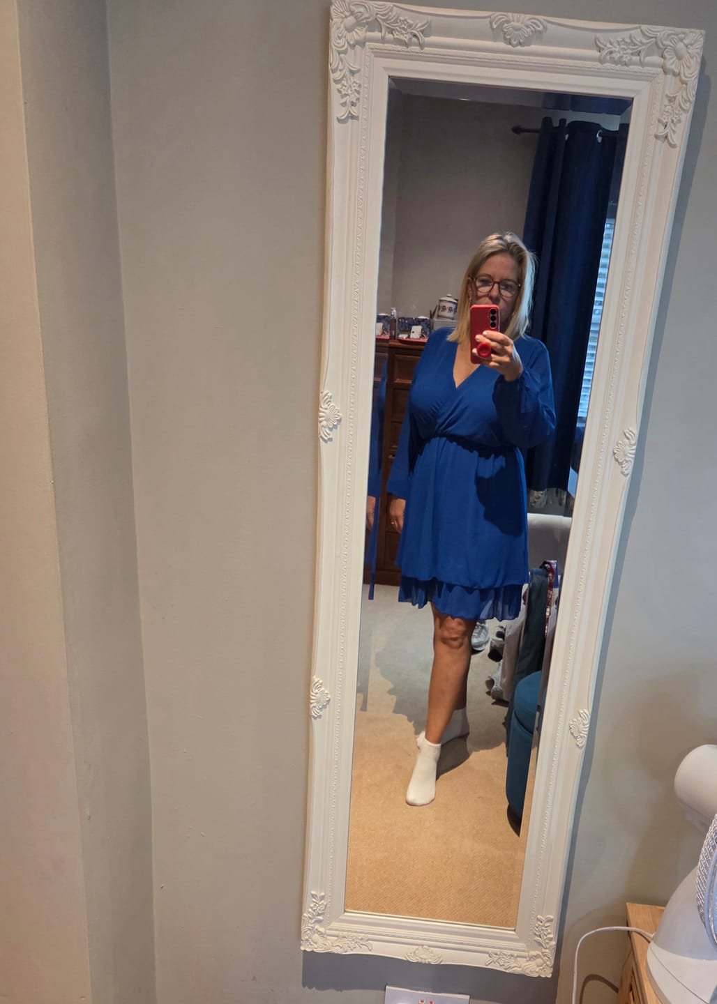 Customer photo review of Marlowe Royal Blue Wrap Mini Dress