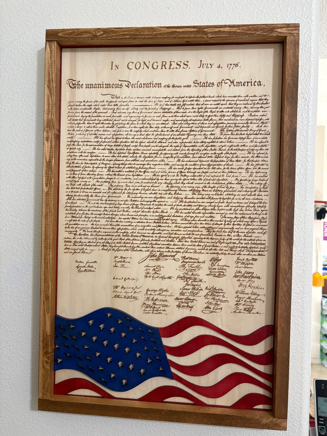 Customer photo review of Declaration of Independence & Flag Design | Patriotic Laser Engraved & Framed Wall Art