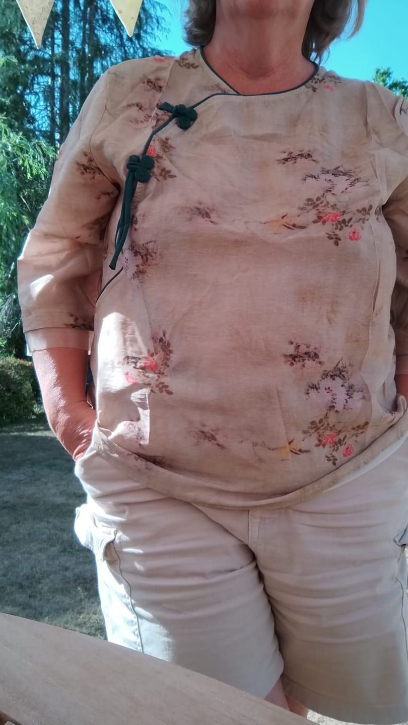 Customer photo review of Buddha Stones White Orchid Red Flowers Frog-Button Design Three Quarter Sleeve Women's Shirt