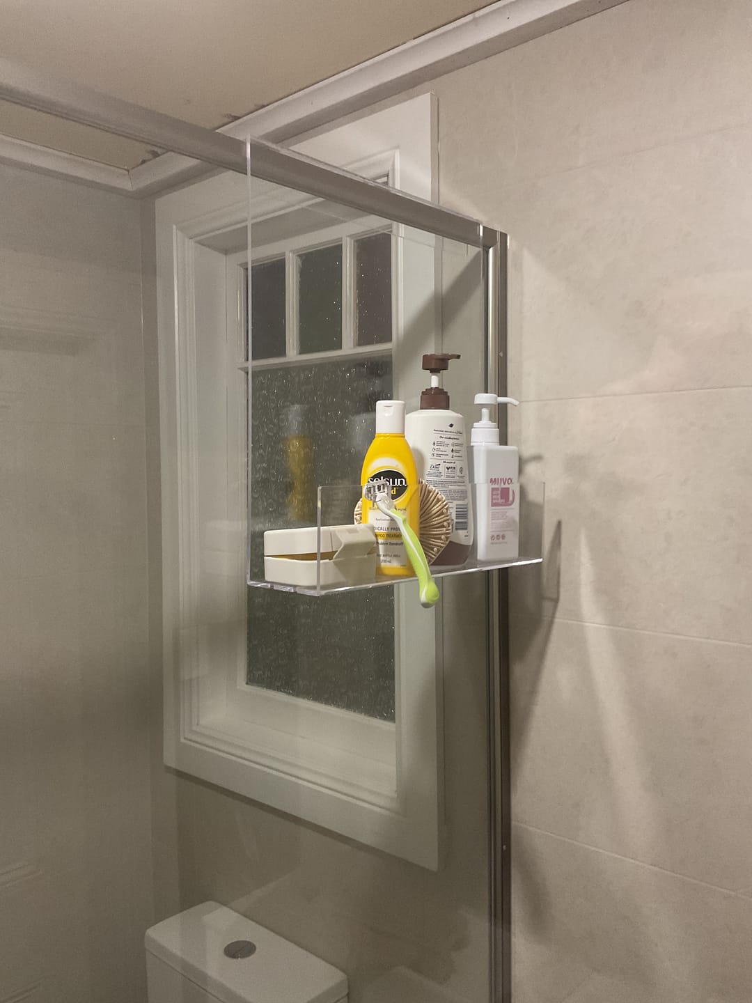 Customer photo review of Clear Acrylic Shower Shelf