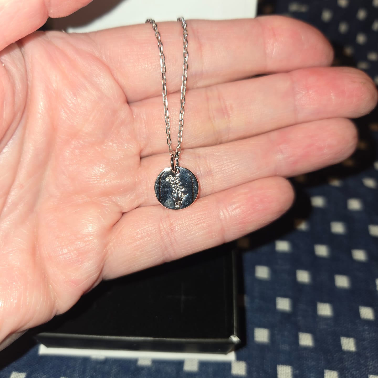 Customer photo review of Floral 18k White Gold Plated Engraved Birth Month Flower Pendant Necklace