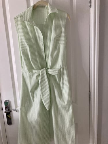 Reviewer's mint green and white striped Rose & Hubble cotton poplin fabric made into a tie-front shirt dress.