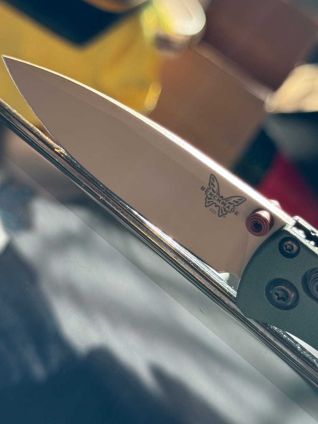 Customer photo review of The Back Door: Demo - Benchmade Mini Bugout 533TN-2601 2.82" Drop Point, Elmax Tan Cerakote, Taiga Green Grivory, AXIS Lock - Made in USA