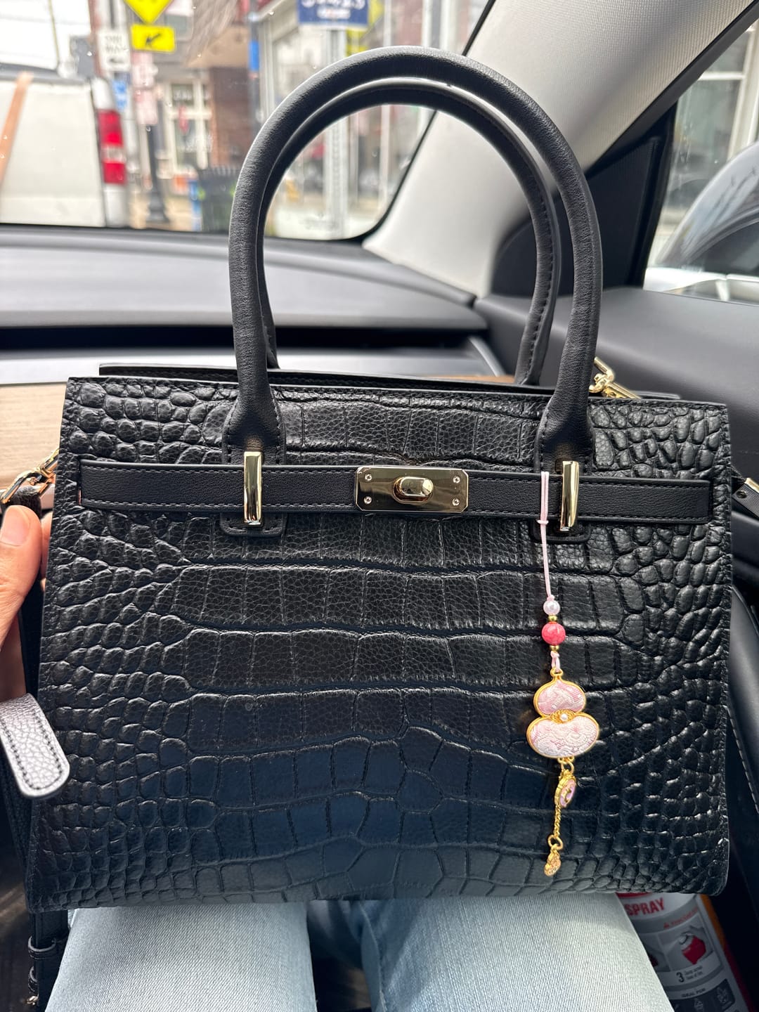 Customer photo review of Tang Red 27 Obsidian Crocodile-Embossed Tote