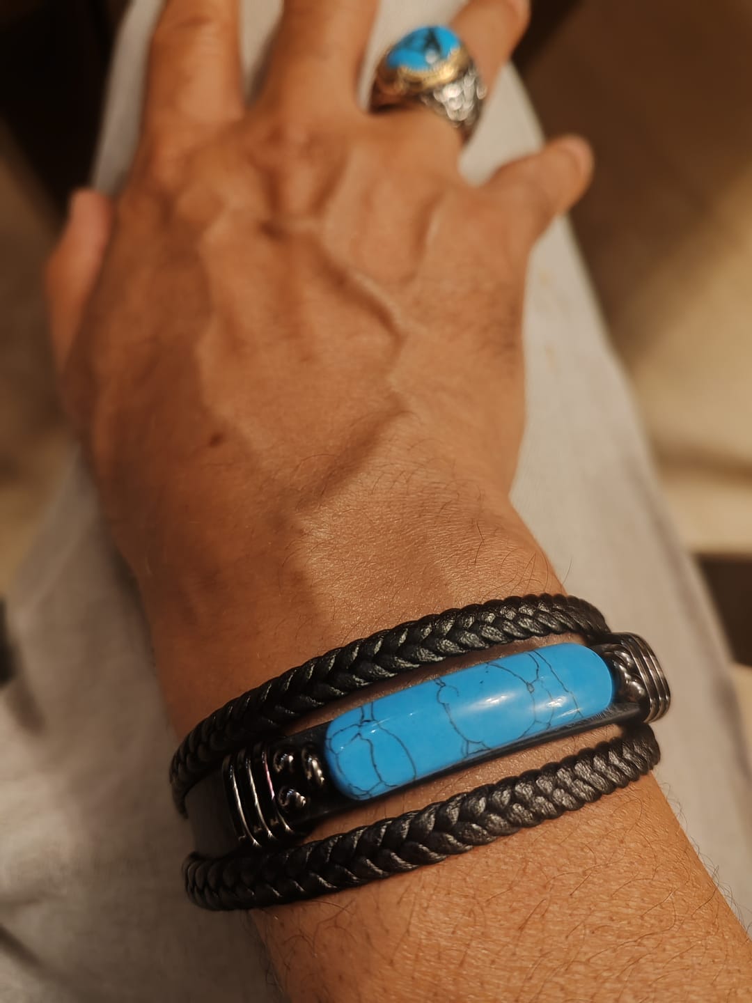 Customer photo review of Buddha Stones Hematite Lazurite Lapis Lazuli Black Glitter Stone Pink Crystal Titanium Steel Leather Strengthen Bracelet