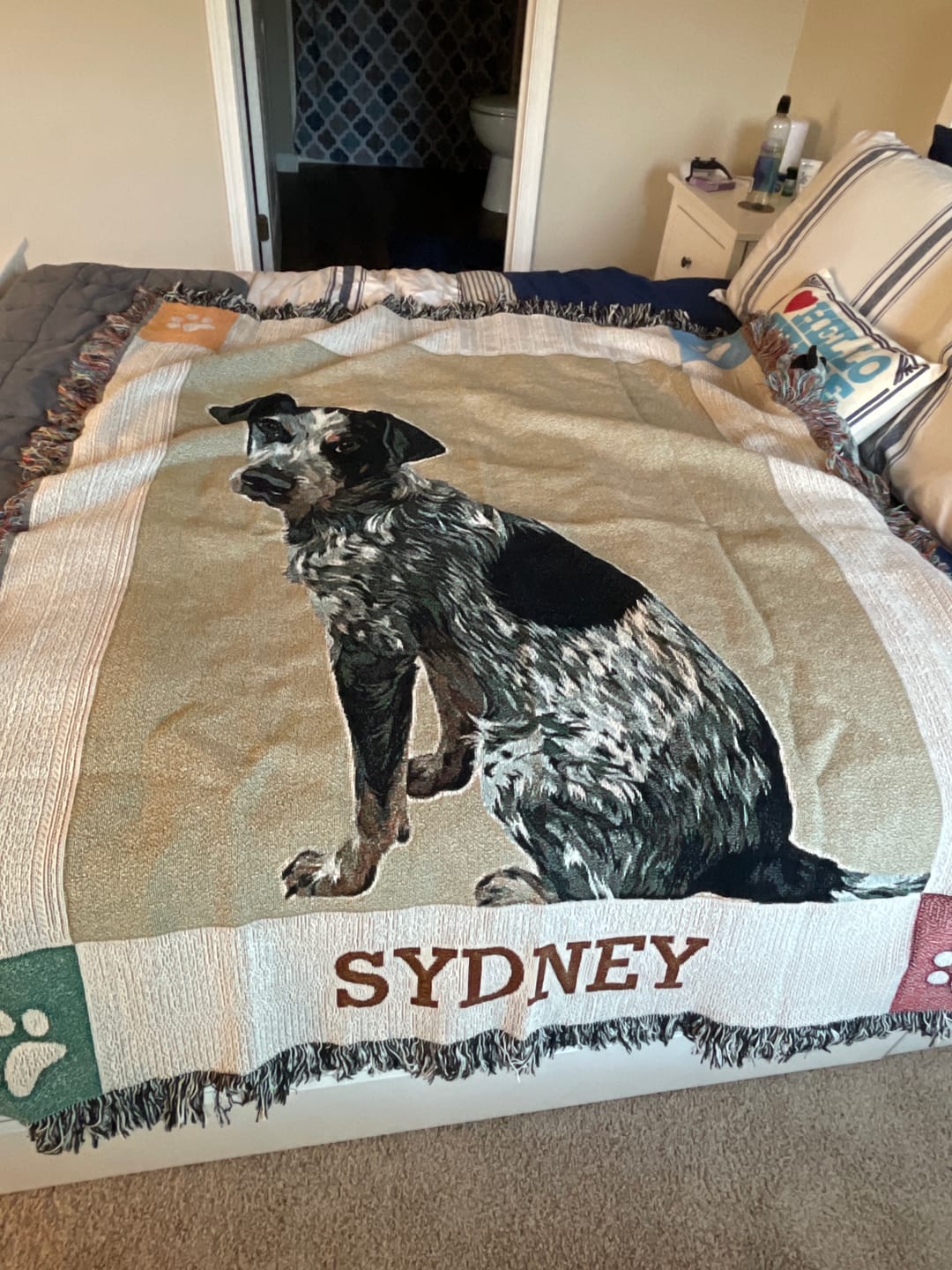 Customer photo review of Custom Pet Portrait Monogram Throw Blanket