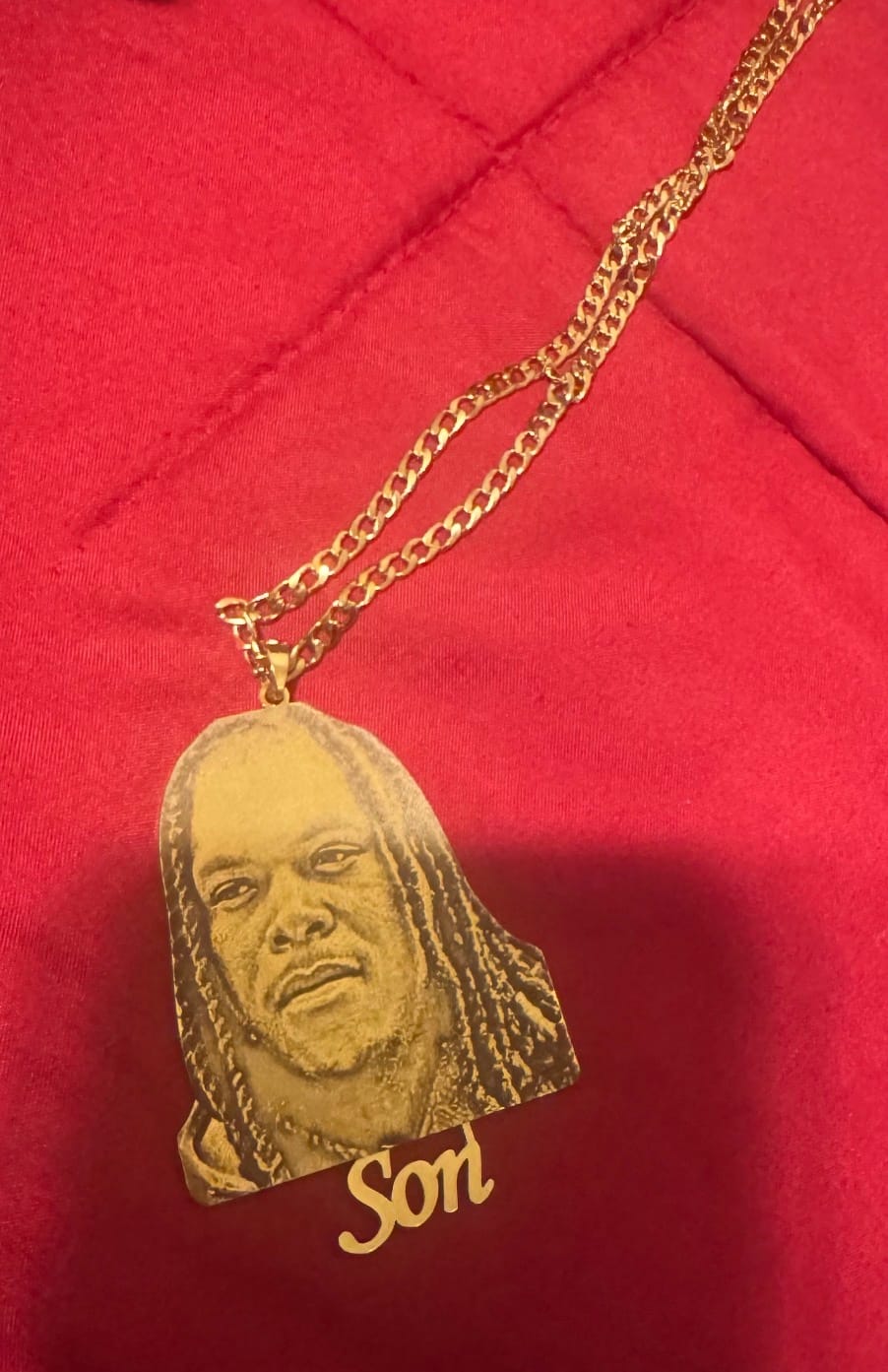 Customer photo review of Custom Photo Engraved Pendant Necklace
