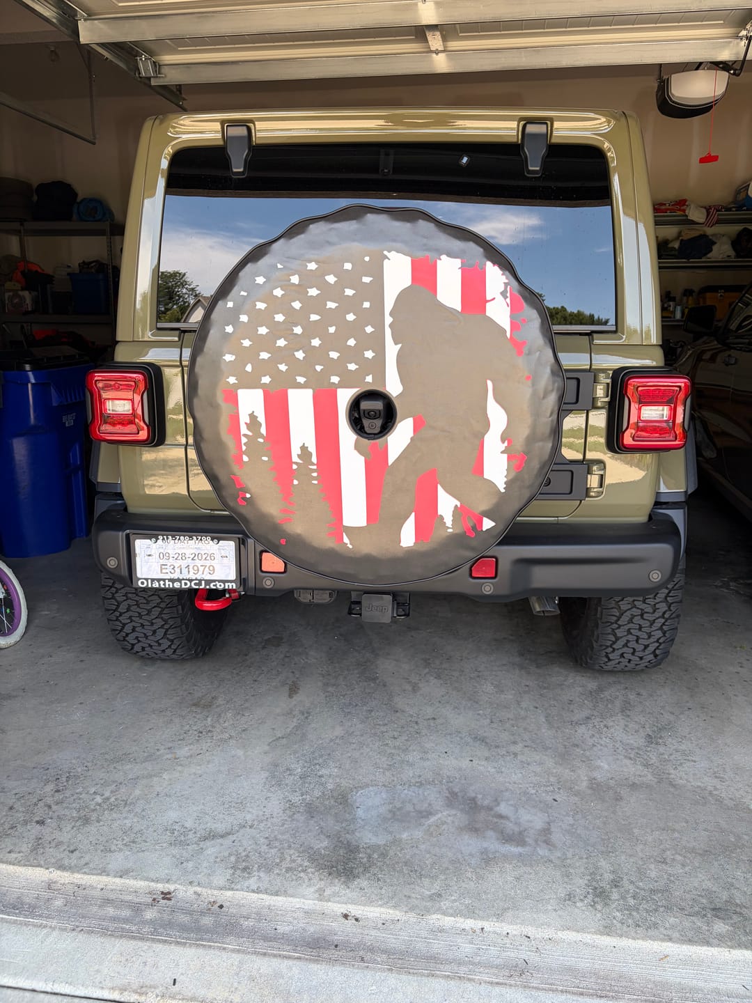 Customer photo review of Bigfoot or Sasquatch American Flag Spare Tire Cover for Bronco, Jeep, Camper, RV, & More