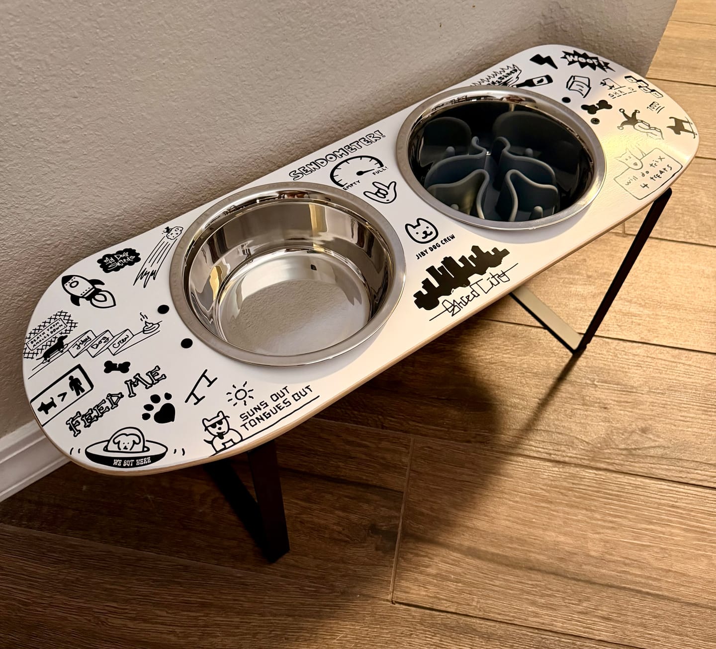 Customer photo review of Doodle Skateboard Dog Bowl (XL Tall)