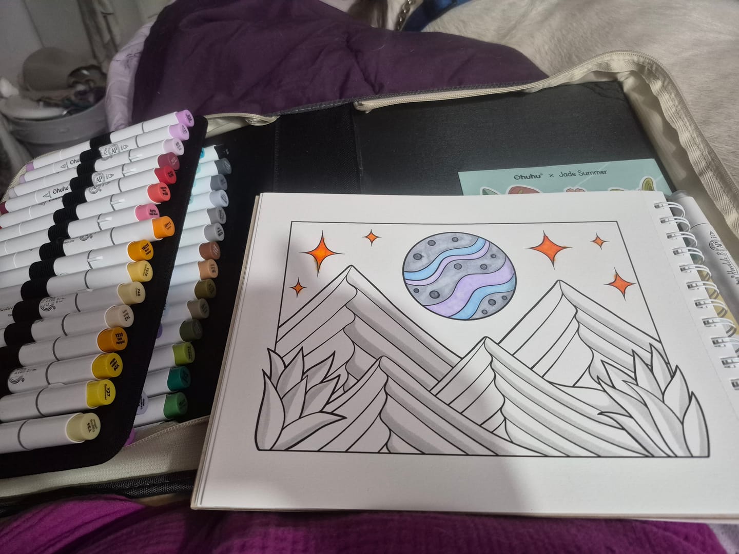 Customer photo review of Ohuhu x Jade Summer Alcohol Markers & Coloring Book Set, 47 Colors + 1 Colorless Blender, Honolulu B, Brush & Fine Dual Tips
