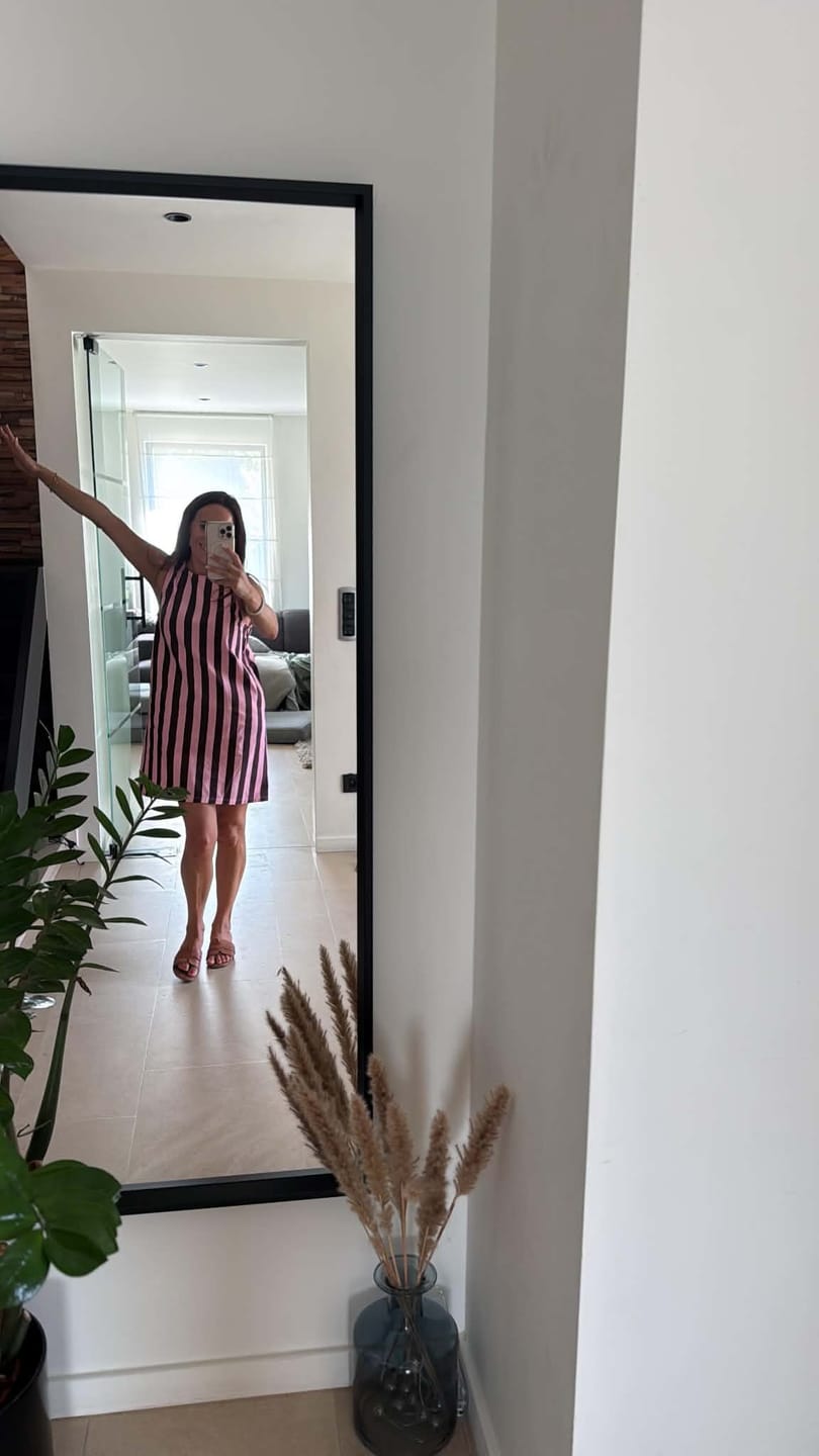 Customer photo review of PRE-ORDER Cotton Stripe Dress / Brown-Pink