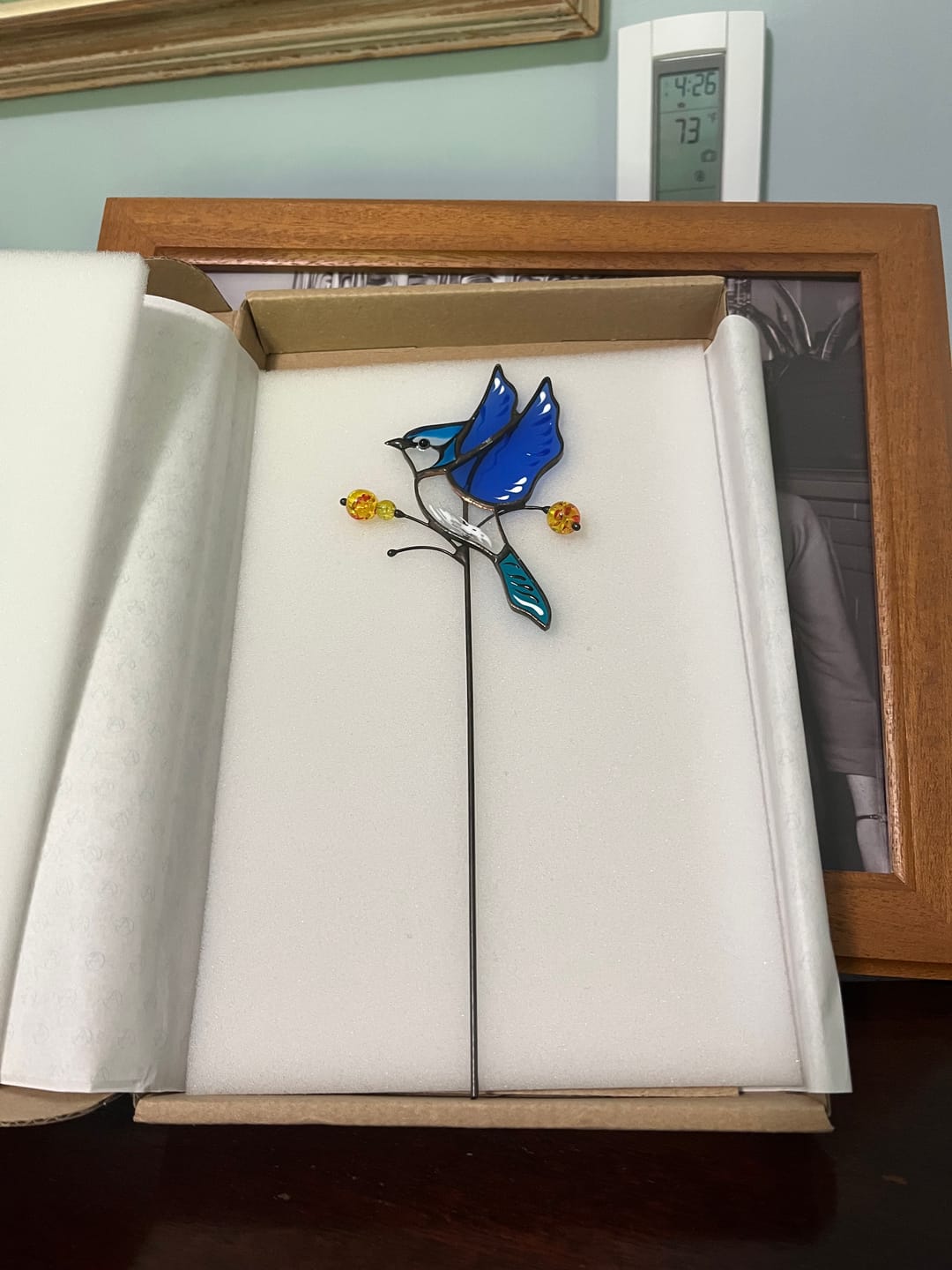 Customer photo review of Pair of Blue Jays - Stained Glass Plant Stakes