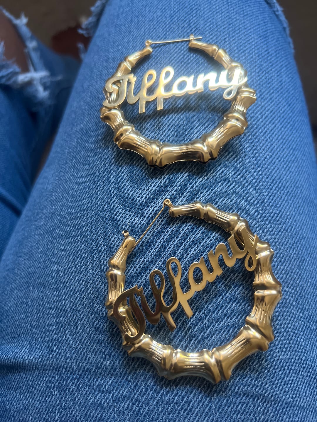 Customer photo review of Bamboo Name Hoop Earrings