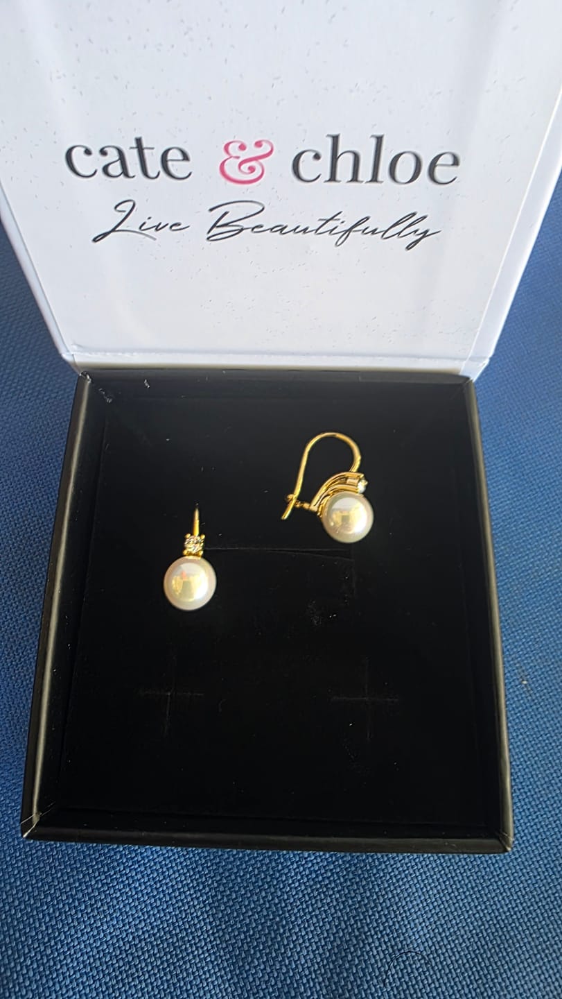 Customer photo review of Cassie 18k White Gold Plated Pearl Drop Earrings with Swarovski Crystals