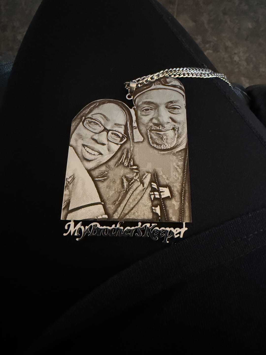 Customer photo review of Custom Photo Engraved Pendant Necklace