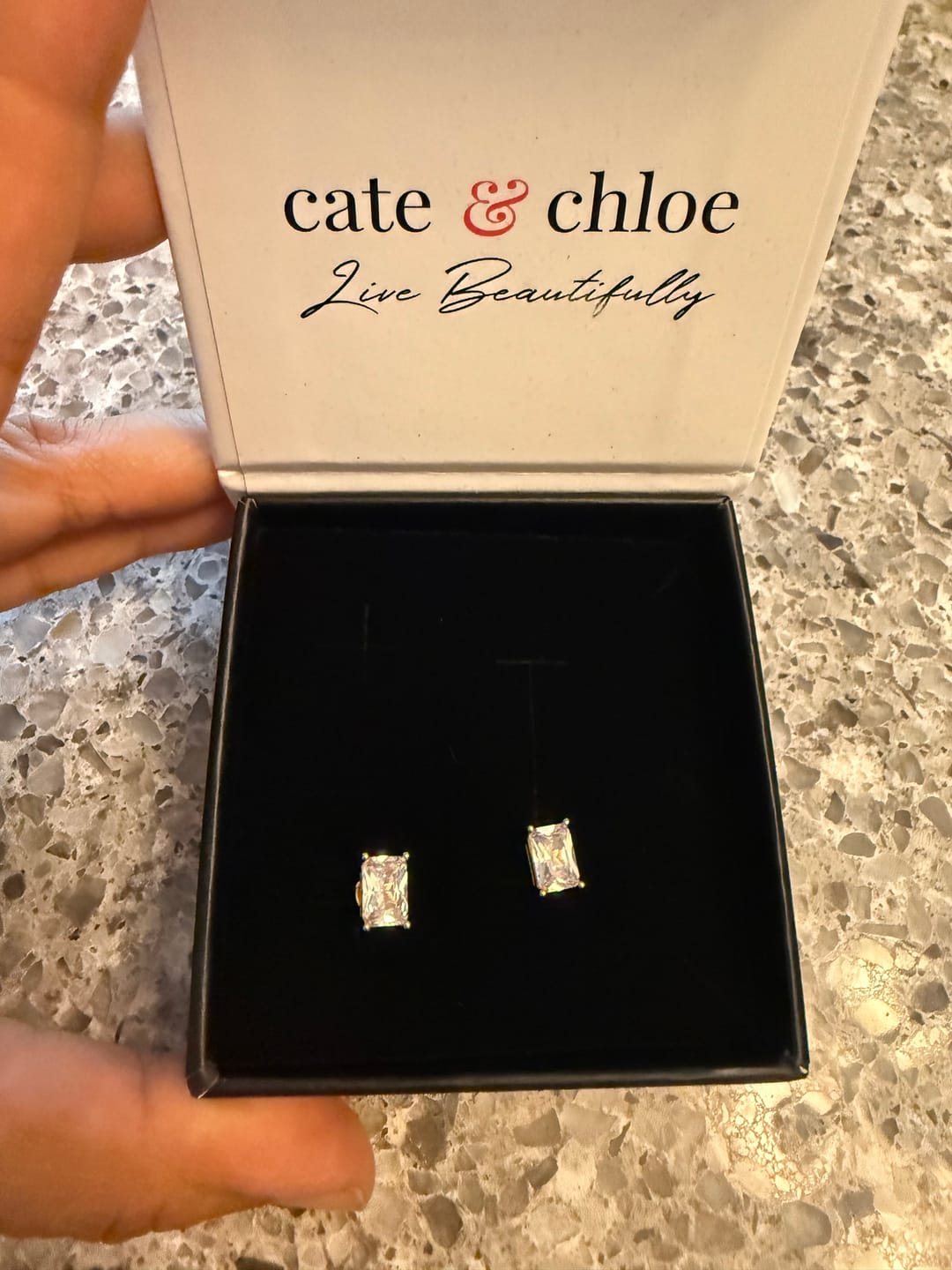 Customer photo review of Mia 18k White Gold Plated Sterling Silver Stud Earrings with Simulated Diamond Crystals