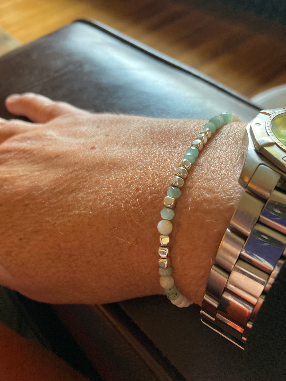 Customer photo review of Gemstone 'I AM ENOUGH' Morse Code Bracelet