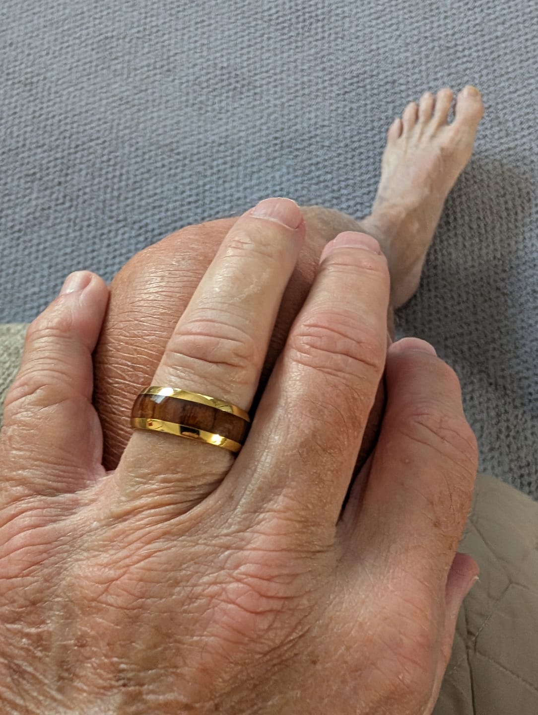 Customer photo review of Mens Gold Titanium Dome Ring with Natural Hawaiian Koa Wood Inlay - 9mm