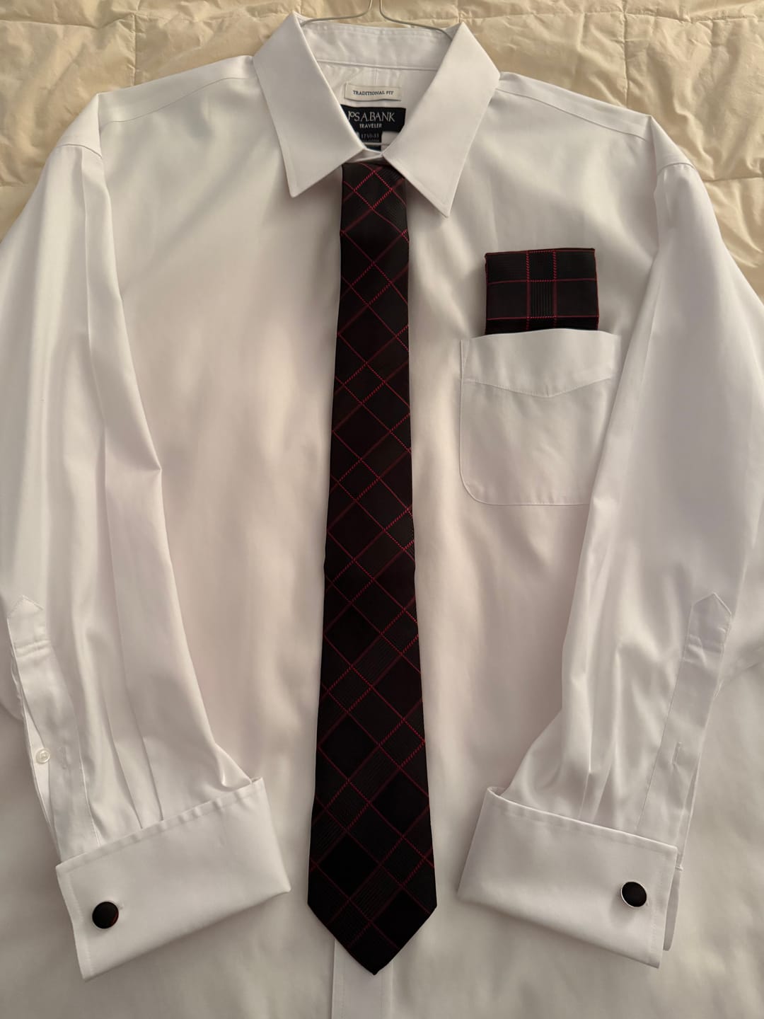 Customer photo review of Barry. Wang Black Plaid Tie with Red Stripes Men's Business Set