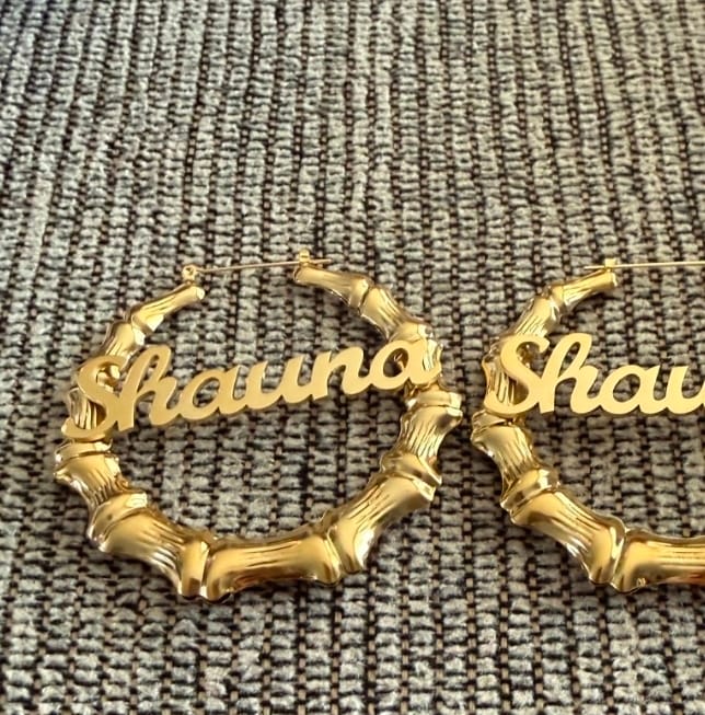 Customer photo review of Bamboo Name Hoop Earrings