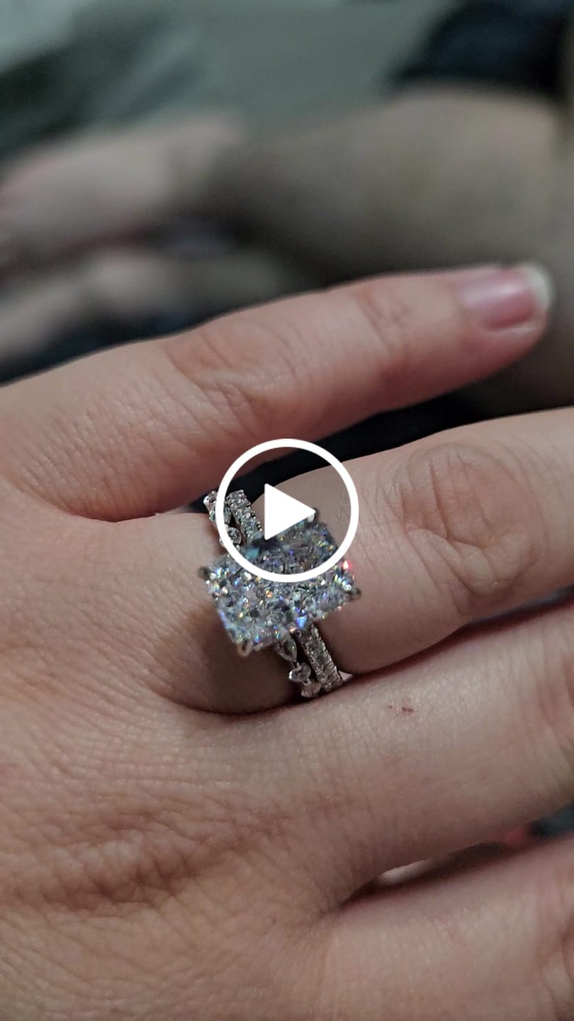Customer video review of S925 4.5Ct Radiant Cut Hidden Halo Wedding Set Brilliance in Every Angle Stackable RIngs