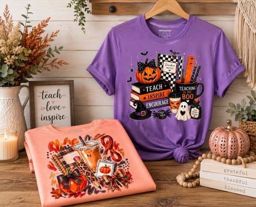 Customer's DTF Super Soft Powder project on two colorful t-shirts with Halloween teaching-themed graphics.