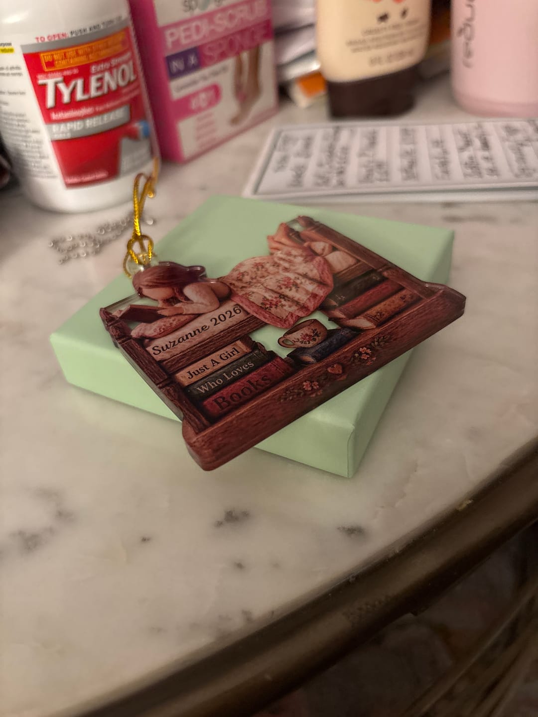 Customer photo review of Personalized Just A Girl Who Loves Books Acrylic Ornament, Vintage Girl Reading In Bed Custom Name Gift