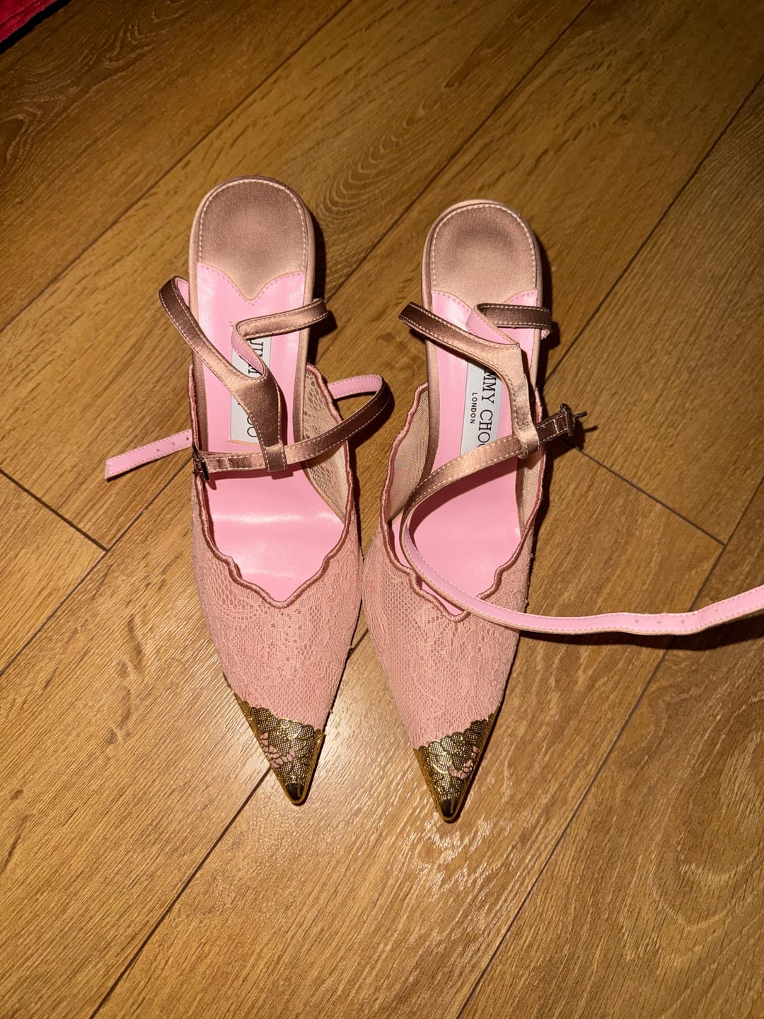 Customer photo review of Jimmy Choo 2026 Faiz 100 Pump Pink Gold  Lace Metallic 629905