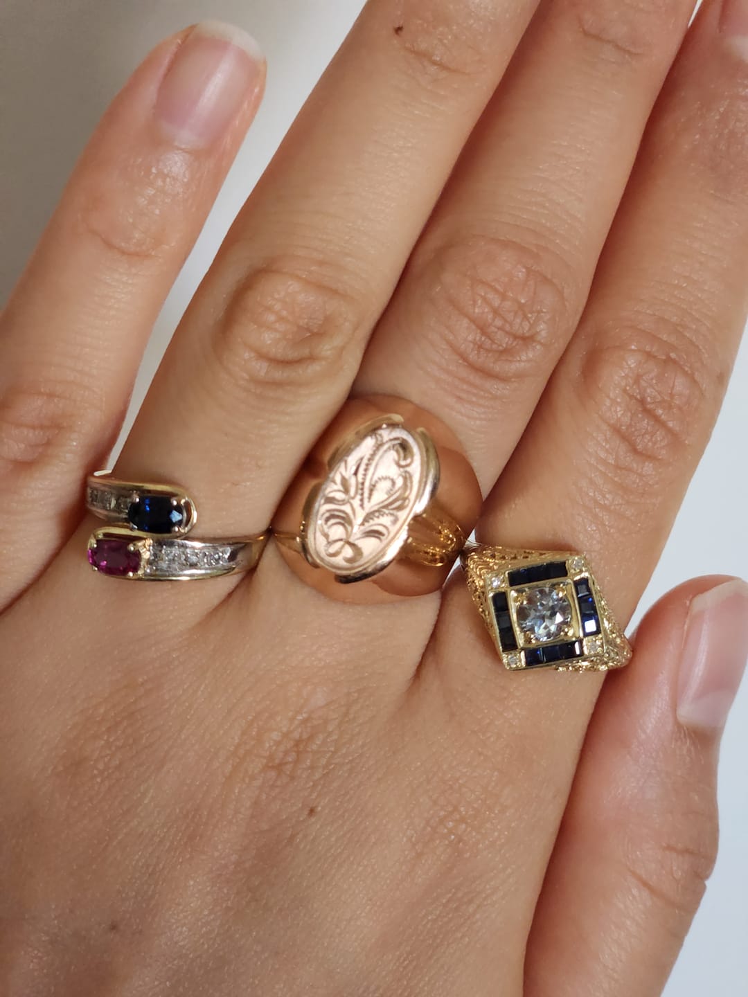 Customer photo review of Vintage 14k Yellow Gold Aquamarine Blue Sapphire Diamond Openwork Ring 9.00