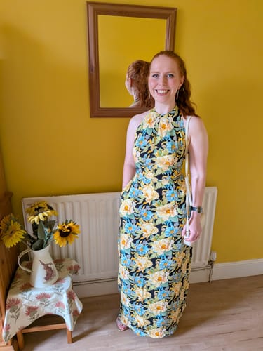 Customer's floral Spring Whisper Viscose Twill Fabric made into a sleeveless floor-length dress.