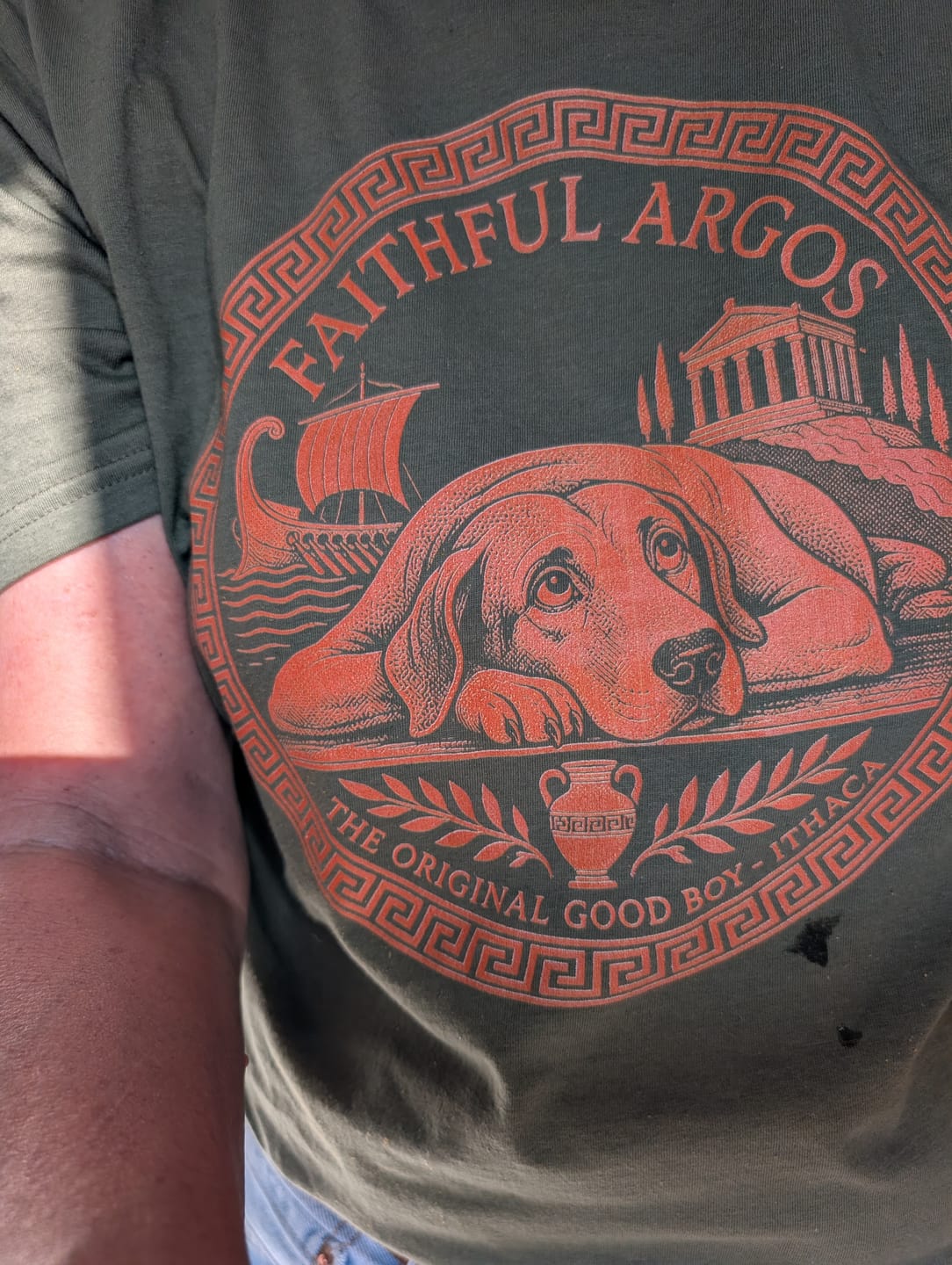 Customer photo review of Faithful Argos the Dog T-Shirt