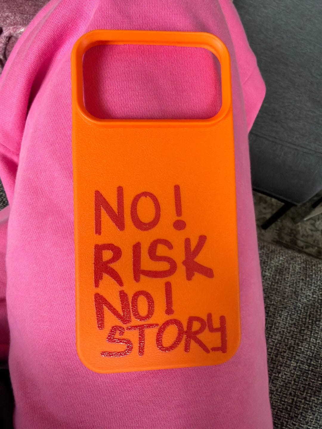Customer photo review of 'NO RISK, NO STORY' iPhone Case