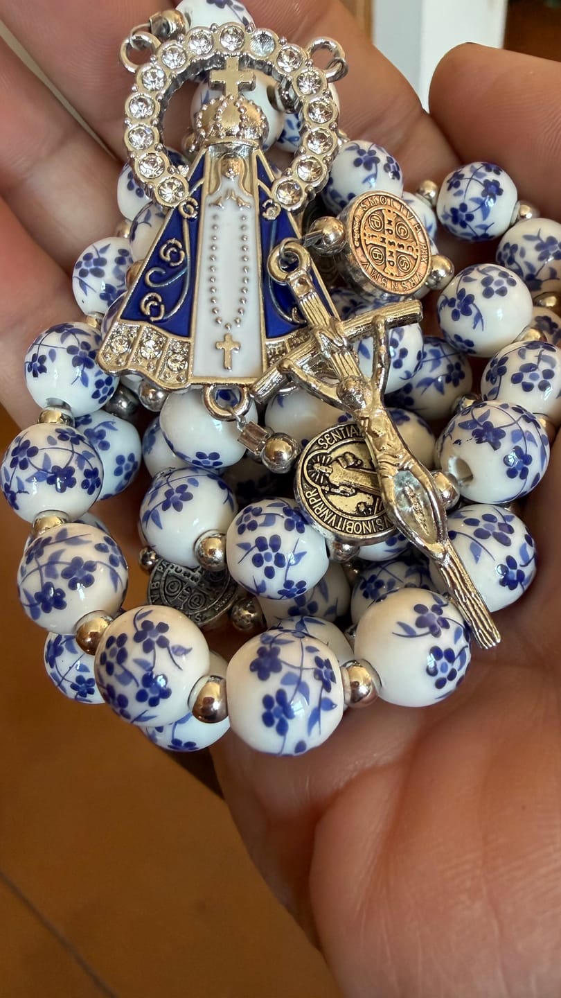 Customer photo review of Christianartworkshop Blue & White Floral Ceramic Rosary with St. Benedict Medals & Our Lady