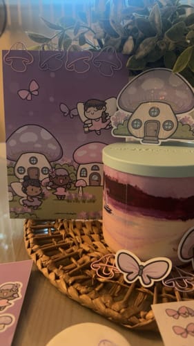 Customer's Sticker Subscription pack, featuring fairy and mushroom illustration sheets with matching butterfly stickers.