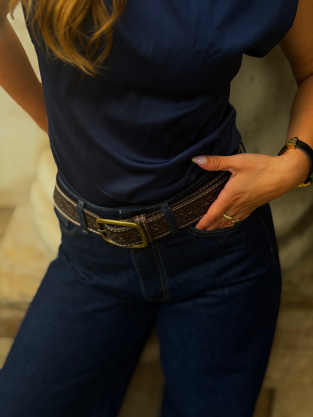Customer photo review of Dakota - Brown Western Leather Belt with Gold Buckle - Made in Canada
