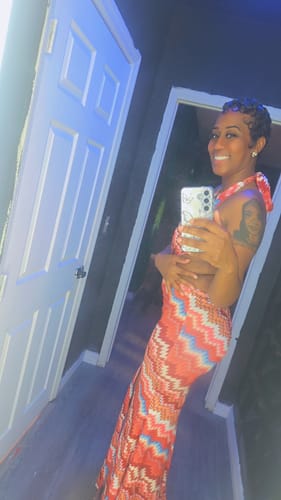 Customer photo review of Printed Cutout Halter Maxi Dress