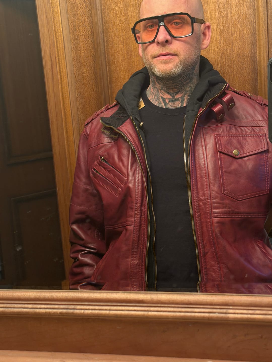 Customer photo review of Men's Burgundy Lambskin Bomber Jacket with Removable Hood