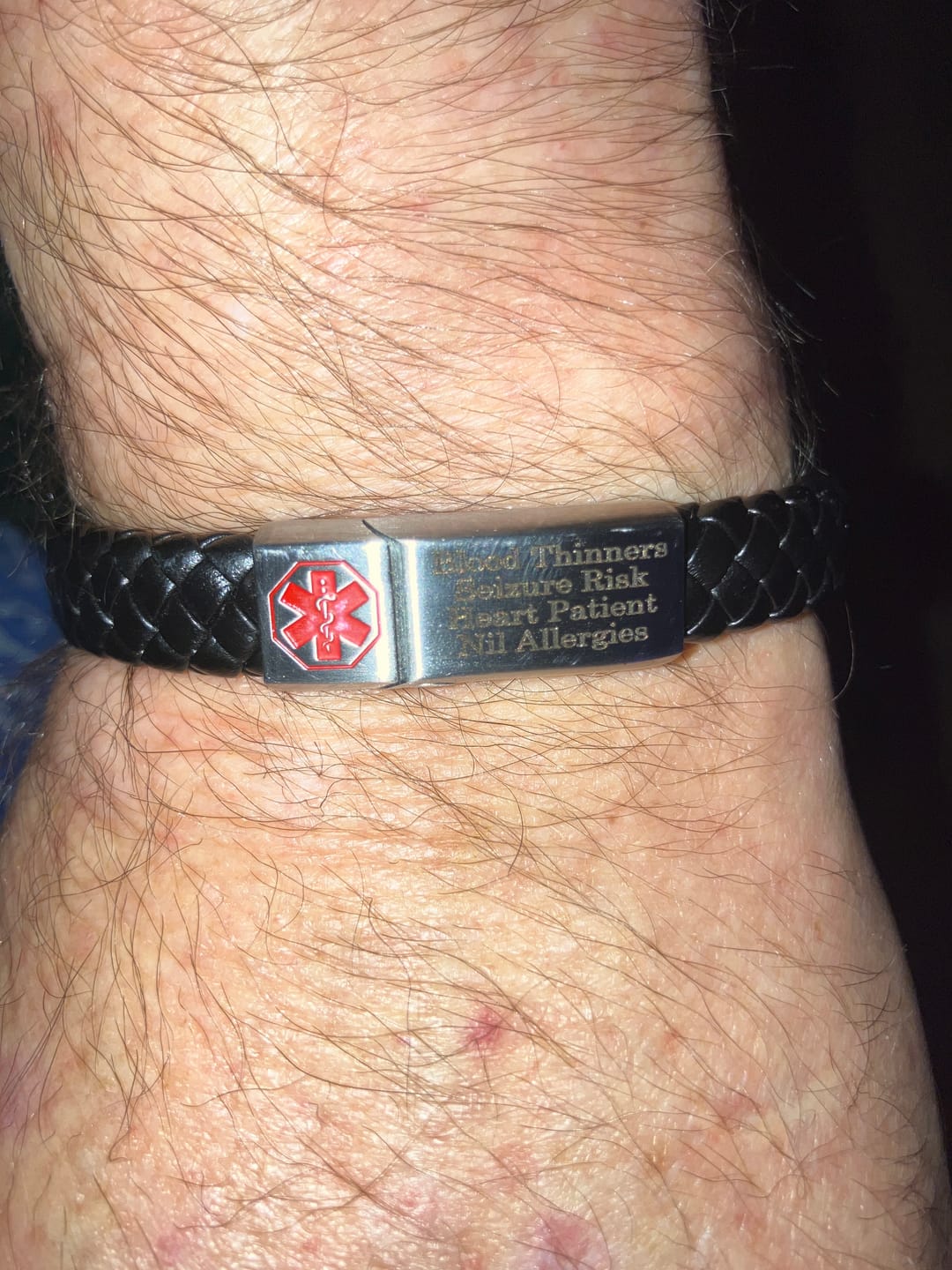 Customer photo review of Red-Alert Leather Medical ID Bracelet with Silver Clasp