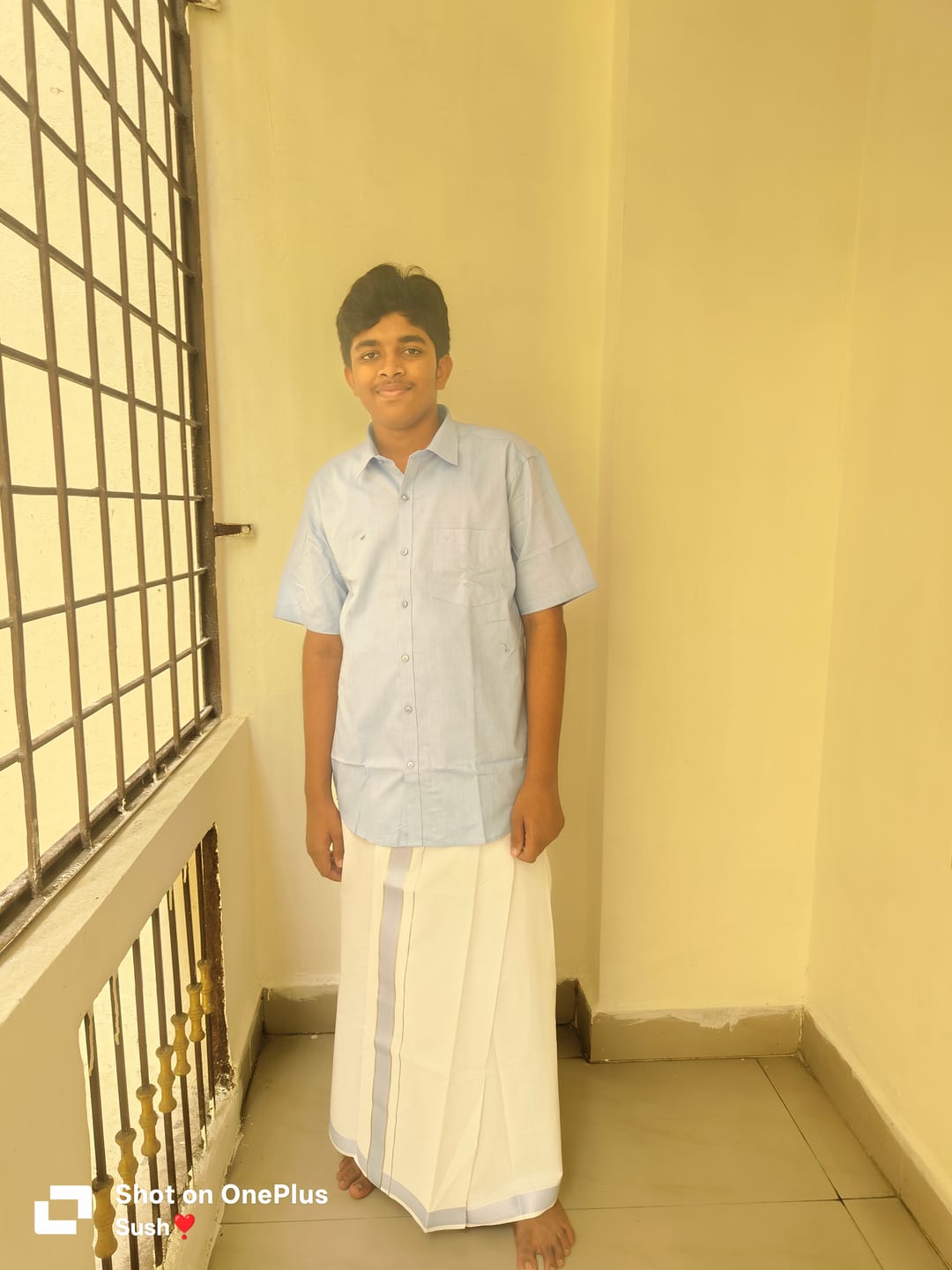 Customer photo review of Pixel Grand - Pastel Blue Matching Shirt And Single Layered Jacquard Fancy Border Dhoti Set For Men | Uathayam