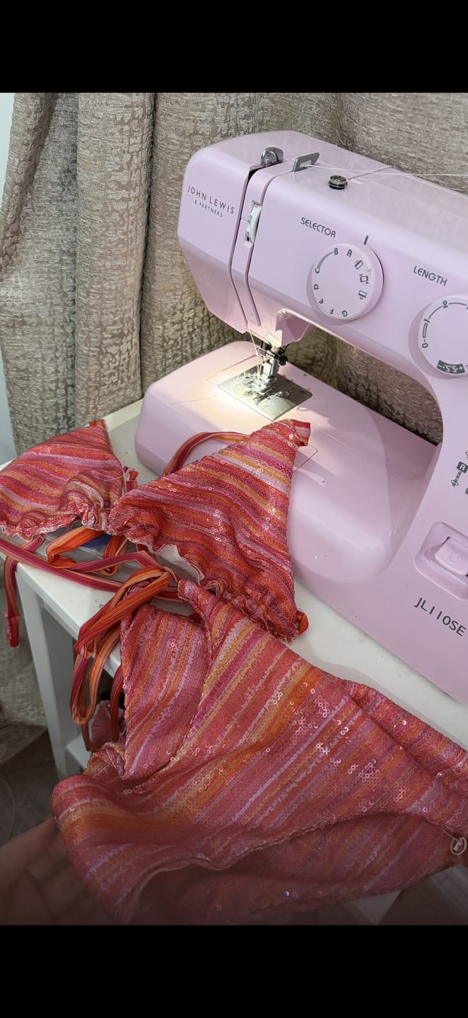 Customer photo review of Pink Orange Striped Shimmer Sequin Fabric by the Metre