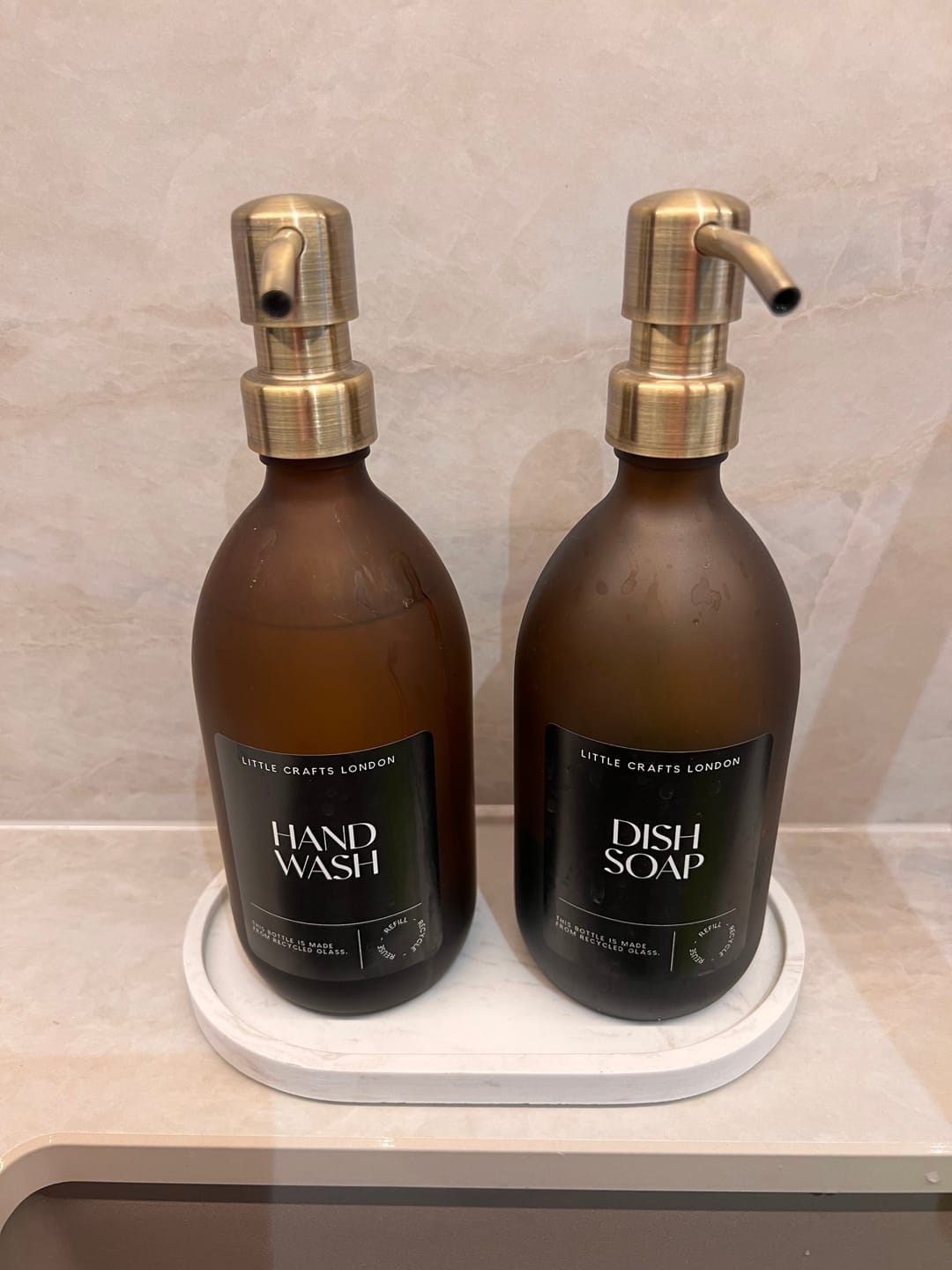 Customer photo review of Frosted Amber 500ml Glass Bottle with Metal Pump Black Label