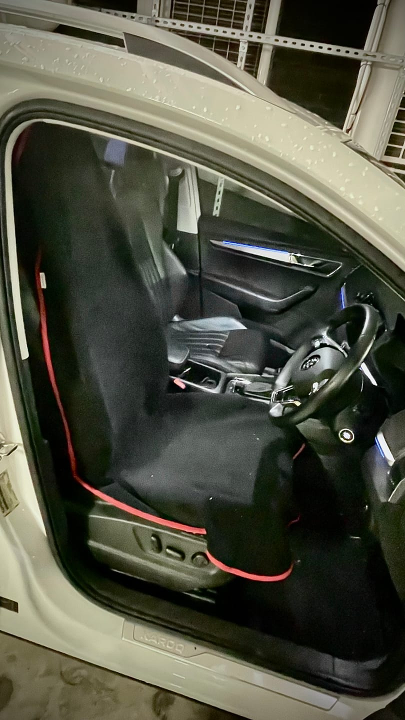 Customer photo review of Waterproof Car Seat Towel – Black Racing Red |  Towel Society