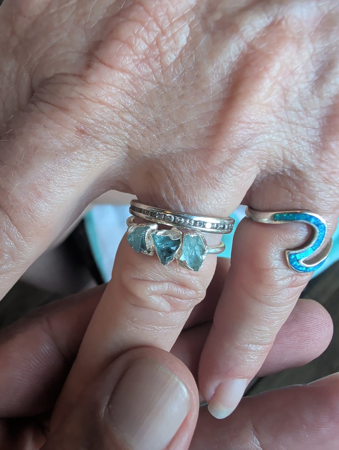 Customer photo review of Three Stone Raw Aquamarine Ring Sterling Silver